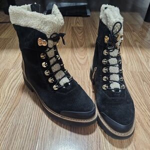 Franco Sarto Black Suede Winter Boots with Gold Details